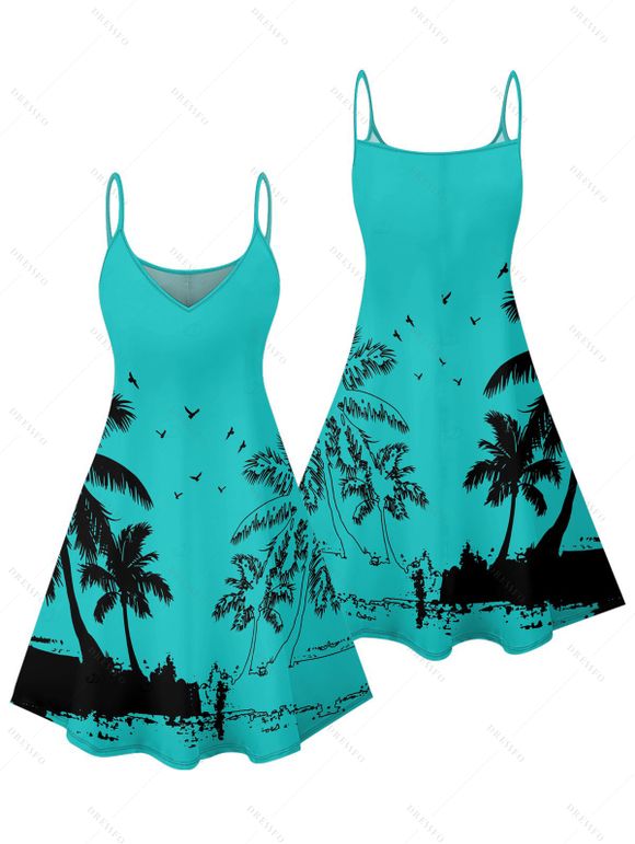 Vacation Couple Outfit Coconut Tree Seagull Print Dress and Shirt Set - Turquoise S | US 4