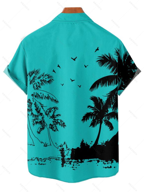 Vacation Couple Outfit Coconut Tree Seagull Print Dress and Shirt Set - Turquoise S | US 4