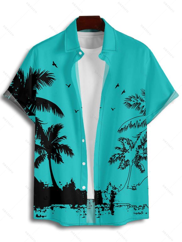 Vacation Couple Outfit Coconut Tree Seagull Print Dress and Shirt Set - Turquoise S | US 4