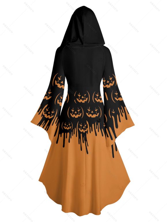 Robe à capuche gothique d'Halloween à imprimé citrouille color-block, robe haute et basse - Orange L | US 8-10