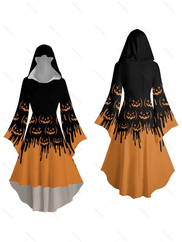 Robe à capuche gothique d'Halloween à imprimé citrouille color-block, robe haute et basse - Orange L | US 8-10