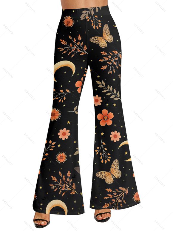 Pantalon évasé de vacances imprimé papillon floral et feuilles, pantalon long taille haute élastique - Noir XXL | US 14