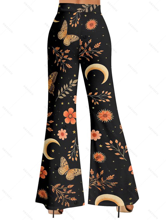 Pantalon évasé de vacances imprimé papillon floral et feuilles, pantalon long taille haute élastique - Noir XXL | US 14