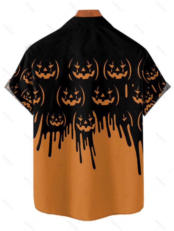 Chemise gothique d'Halloween pour homme, chemise boutonnée à imprimé citrouille colorblock - Orange 5XL