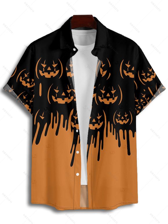 Chemise gothique d'Halloween pour homme, chemise boutonnée à imprimé citrouille colorblock - Orange 5XL