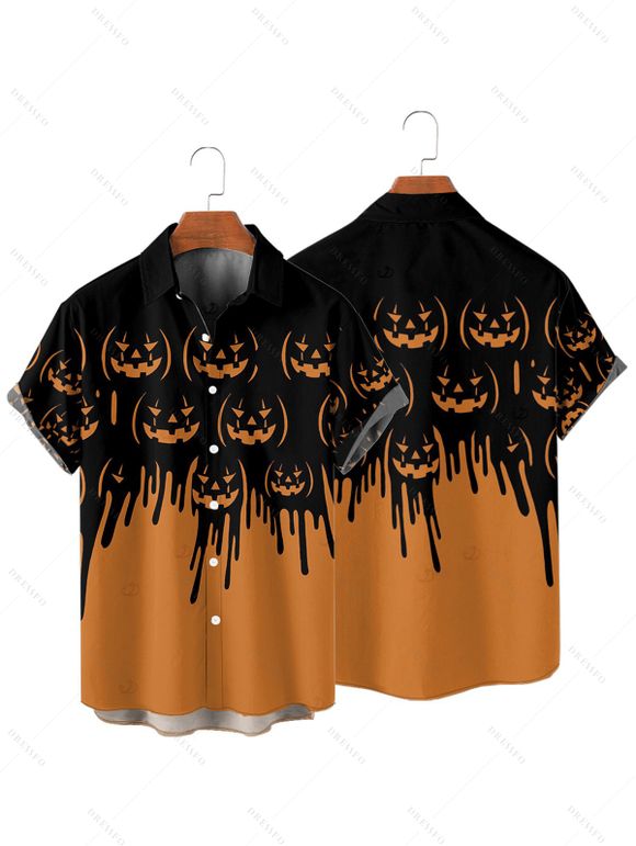 Chemise gothique d'Halloween pour homme, chemise boutonnée à imprimé citrouille colorblock - Orange 5XL