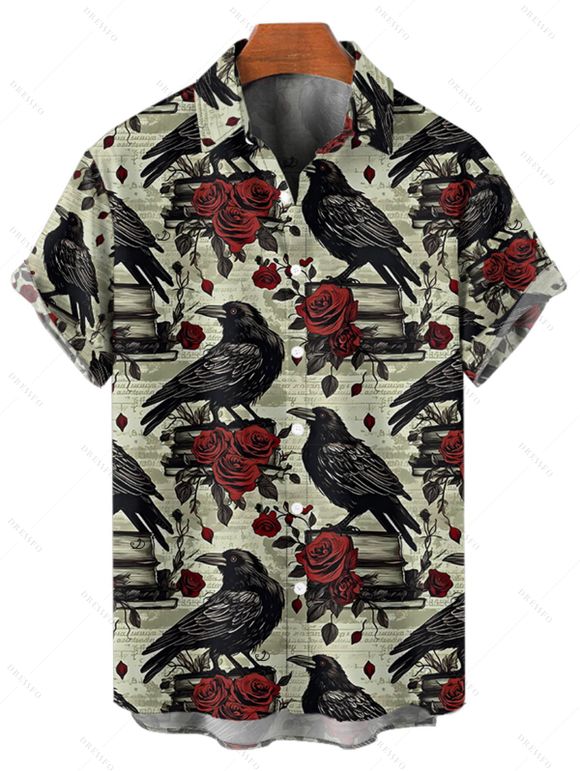 Chemise gothique pour homme pour Halloween, chemise boutonnée à imprimé corbeau et rose - Vert clair 5XL