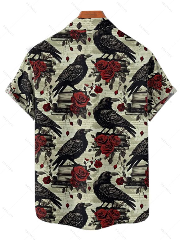 Chemise gothique pour homme pour Halloween, chemise boutonnée à imprimé corbeau et rose - Vert clair 5XL