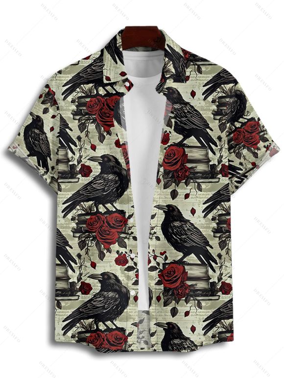 Chemise gothique pour homme pour Halloween, chemise boutonnée à imprimé corbeau et rose - Vert clair 5XL