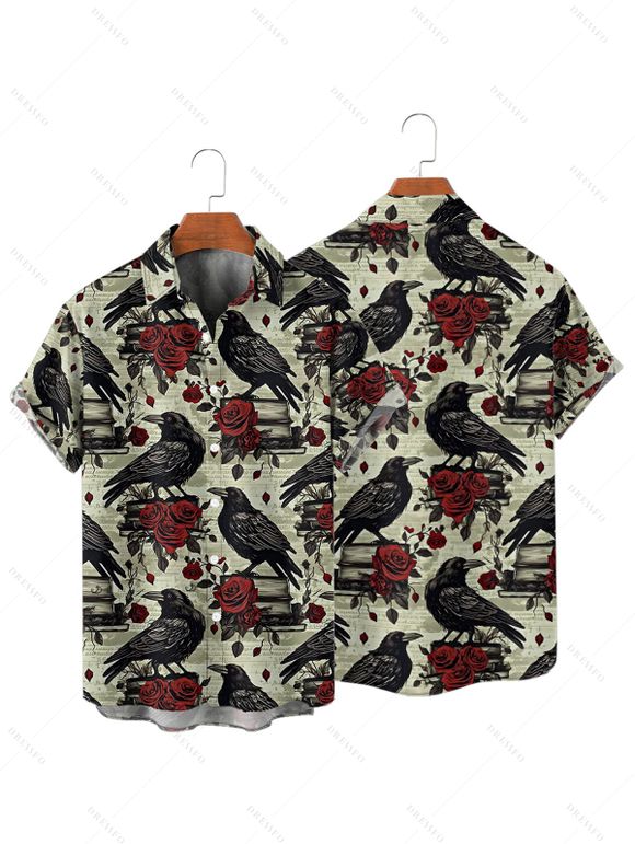 Chemise gothique pour homme pour Halloween, chemise boutonnée à imprimé corbeau et rose - Vert clair 5XL