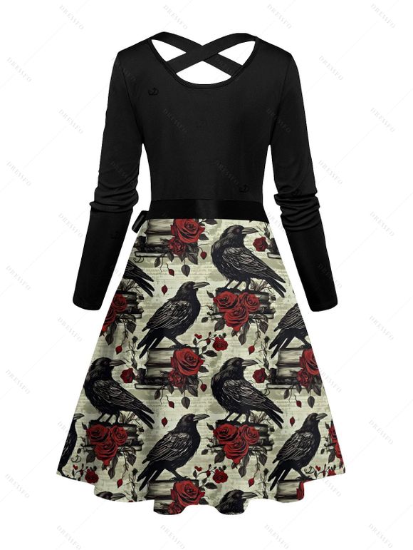 Robe gothique pour Halloween, robe croisée à imprimé corbeau et rose - Noir XXL | US 14