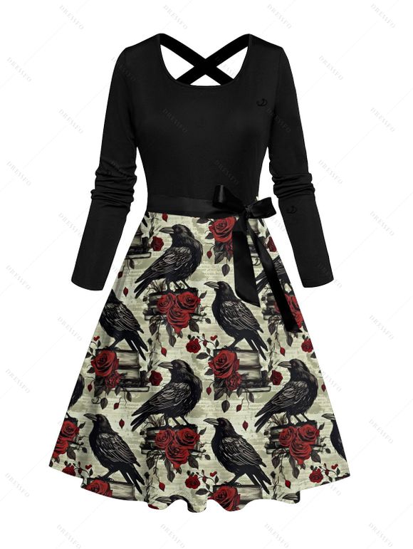 Halloween Gothic Couple Outfit Raven Rose Print Crossover Belt Dress and Shirt Set - Vert clair S | US 4