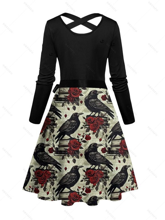 Halloween Gothic Couple Outfit Raven Rose Print Crossover Belt Dress and Shirt Set - Vert clair S | US 4