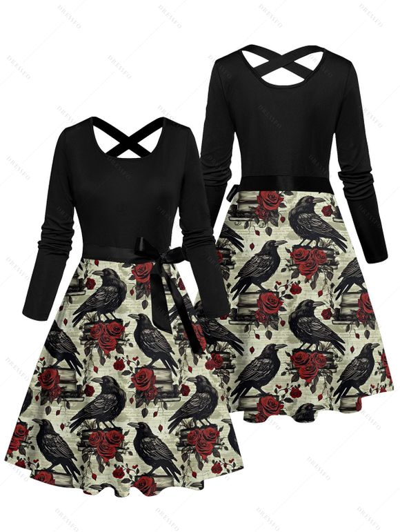 Halloween Gothic Couple Outfit Raven Rose Print Crossover Belt Dress and Shirt Set - Vert clair S | US 4