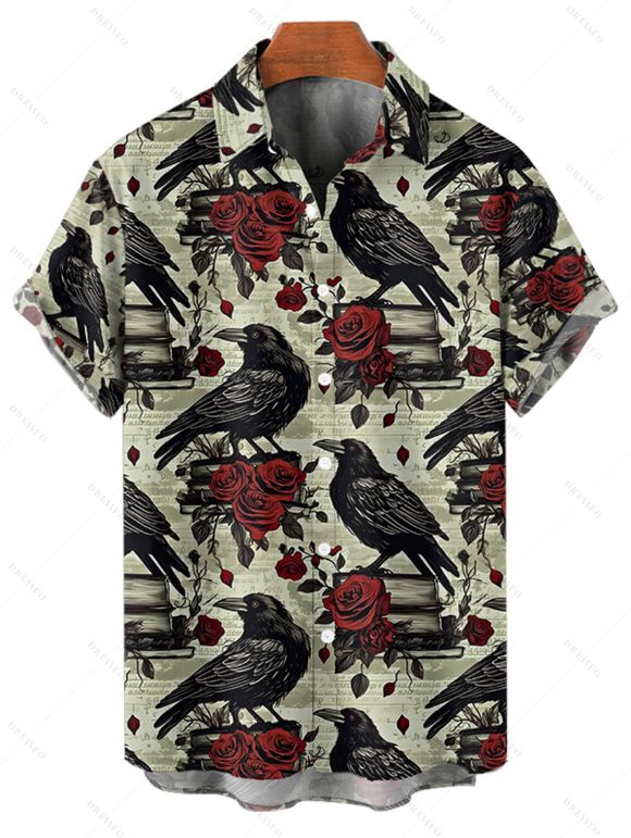 Halloween Gothic Couple Outfit Raven Rose Print Crossover Belt Dress and Shirt Set - Vert clair S | US 4