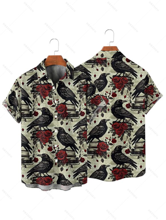 Halloween Gothic Couple Outfit Raven Rose Print Crossover Belt Dress and Shirt Set - Vert clair S | US 4