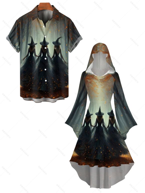 Halloween Couple Outfit Wizard Forest Print High Low Hoodie Dress and Shirt Set - Noir S | US 4