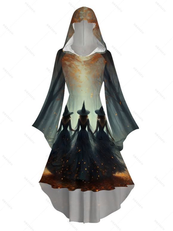 Halloween Couple Outfit Wizard Forest Print High Low Hoodie Dress and Shirt Set - Noir S | US 4