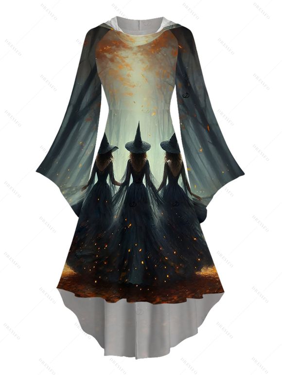 Halloween Couple Outfit Wizard Forest Print High Low Hoodie Dress and Shirt Set - Noir S | US 4