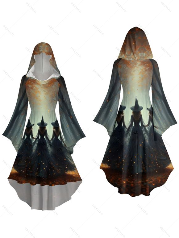Halloween Couple Outfit Wizard Forest Print High Low Hoodie Dress and Shirt Set - Noir S | US 4