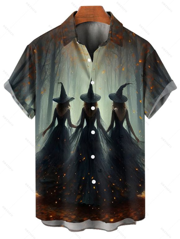 Halloween Couple Outfit Wizard Forest Print High Low Hoodie Dress and Shirt Set - Noir S | US 4