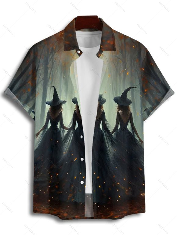 Halloween Couple Outfit Wizard Forest Print High Low Hoodie Dress and Shirt Set - Noir S | US 4