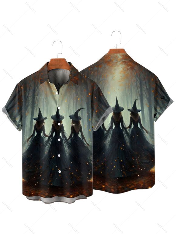 Halloween Couple Outfit Wizard Forest Print High Low Hoodie Dress and Shirt Set - Noir S | US 4