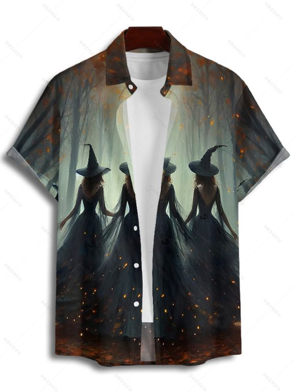 Chemise d'Halloween pour homme, chemise boutonnée à imprimé forêt de sorciers - Noir 5XL