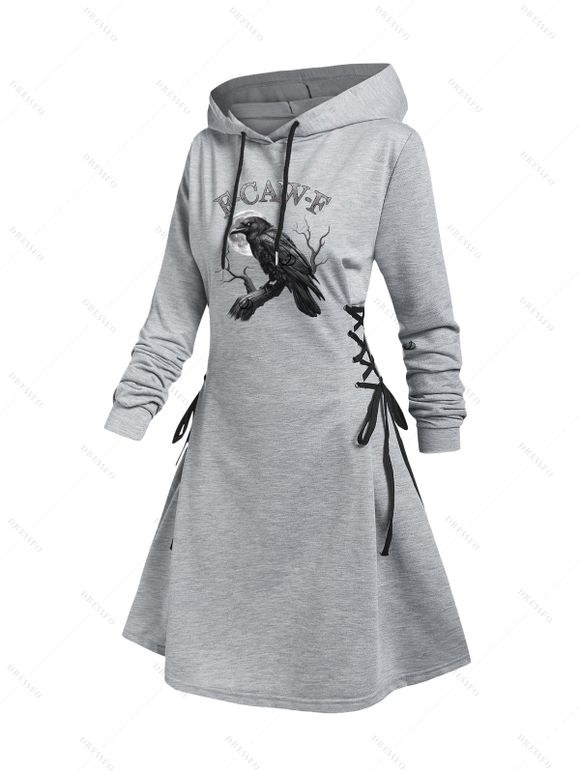Robe à capuche gothique avec imprimé lettre Raven et lacets et cordons de serrage - Gris Clair XXL | US 14