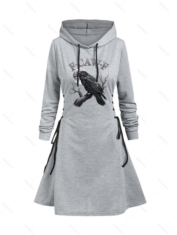 Robe à capuche gothique avec imprimé lettre Raven et lacets et cordons de serrage - Gris Clair XXL | US 14