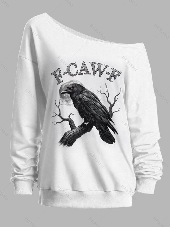 Sweat-shirt gothique F-CAW-F Raven Moon Print Sweat-shirt à manches longues et col incliné - Blanc XXL | US 14