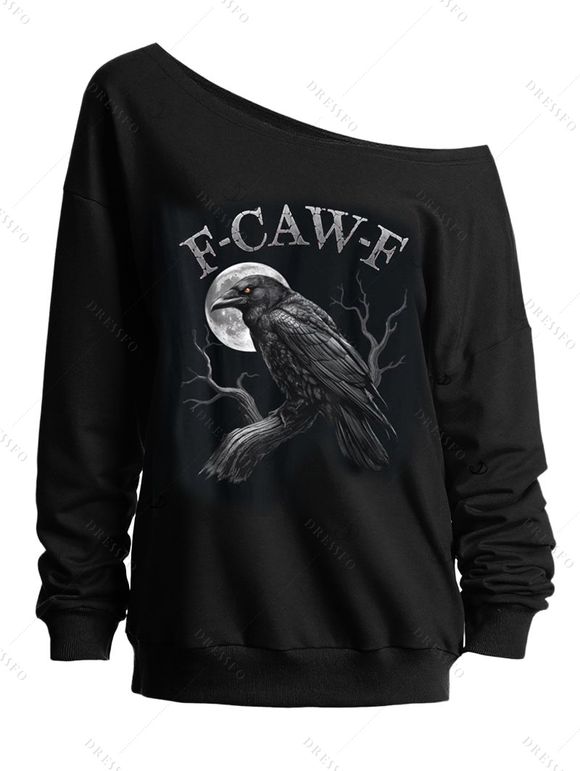Sweat-shirt gothique à manches longues et col incliné avec imprimé lettre Raven Moon - Noir XXL | US 14
