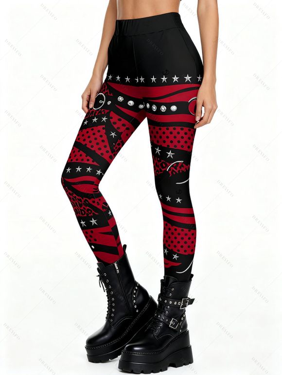 Leggings gothiques à imprimé 3D colorblock, taille haute élastique et skinny - Rouge Vineux XXL | US 14