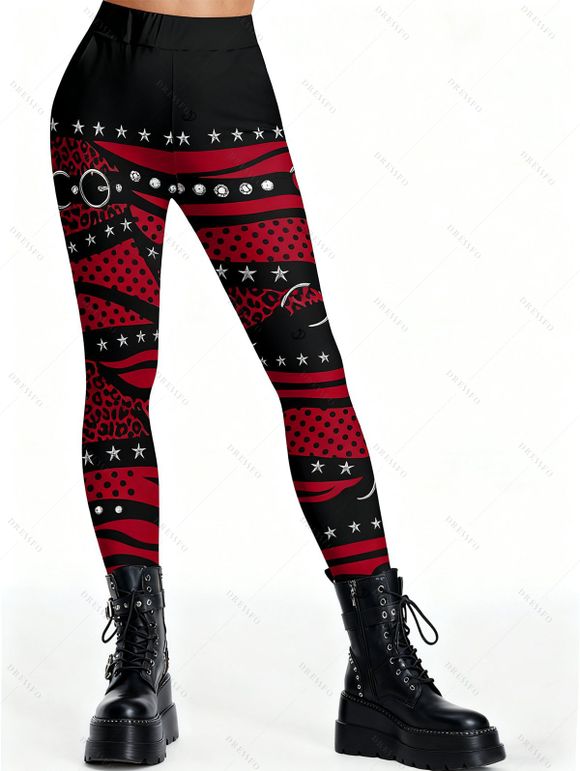 Leggings gothiques à imprimé 3D colorblock, taille haute élastique et skinny - Rouge Vineux XXL | US 14