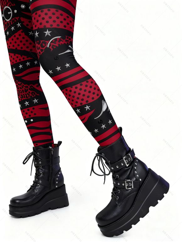 Leggings gothiques à imprimé 3D colorblock, taille haute élastique et skinny - Rouge Vineux XXL | US 14