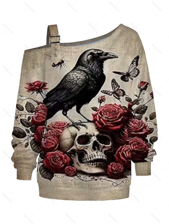 Sweat-shirt gothique à imprimé tête de mort, papillon, corbeau, sangle à boucle, col incliné - Bronze XXL | US 14