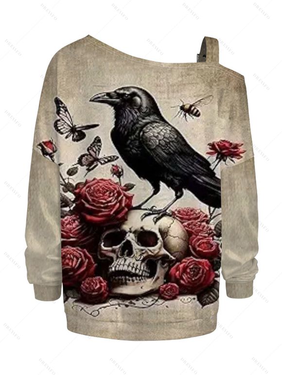 Sweat-shirt gothique à imprimé tête de mort, papillon, corbeau, sangle à boucle, col incliné - Bronze M | US 6