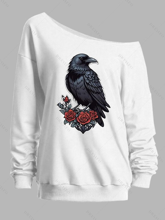 Sweat-shirt gothique pour Halloween, imprimé corbeau et rose, col incliné - Blanc XXL | US 14