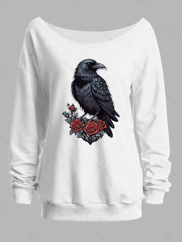 Sweat-shirt gothique pour Halloween, imprimé corbeau et rose, col incliné - Blanc XXL | US 14
