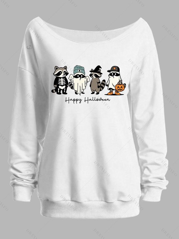 Sweat-shirt mignon d'Halloween, imprimé animal, fantôme, citrouille, lettre, col incliné - Blanc XXL | US 14