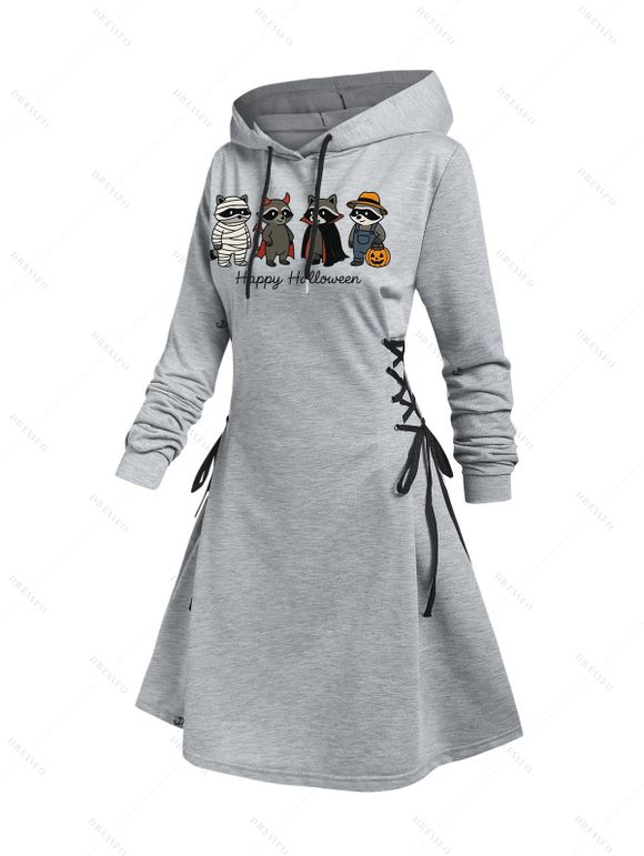 Robe à capuche mignonne d'Halloween, motif animal, fantôme, citrouille, imprimé lettres, robe à lacets - Gris Clair XXL | US 14