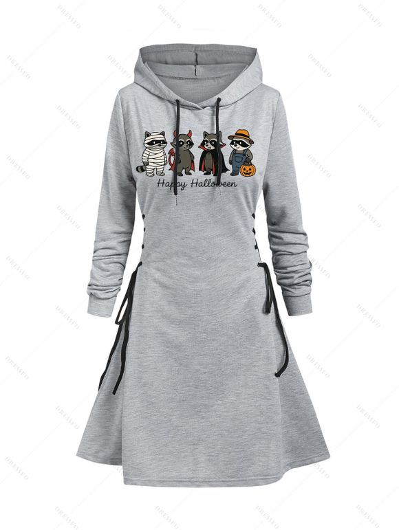 Robe à capuche mignonne d'Halloween, motif animal, fantôme, citrouille, imprimé lettres, robe à lacets - Gris Clair M | US 6