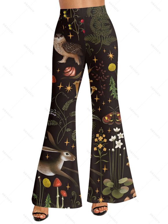 Pantalon évasé de vacances imprimé cerf, feuilles florales, forêt, taille haute, élastique, long - Noir XXL | US 14