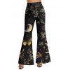 Pantalon évasé vintage imprimé papillon, fleur, feuille, lune, taille haute, élastique, long - Noir XXL | US 14