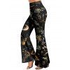 Pantalon évasé vintage imprimé papillon, fleur, feuille, lune, taille haute, élastique, long - Noir XXL | US 14