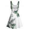 Robe de vacances à imprimé fleuri et feuilles, mini-robe froncée avec ceinture - Vert XXXXXL | US 20