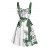 Robe de vacances à imprimé fleuri et feuilles, mini-robe froncée avec ceinture - Vert XXXXXL | US 20