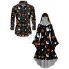 Halloween Couple Outfit Pumpkin Cat Bat Print High Low Hoodie Dress and Shirt Set - Noir S | US 4