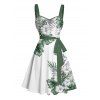Vacation Couple Outfit Flower Leaf Print Belt Dress and Shirt Set - Vert S | US 4