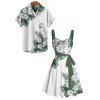 Vacation Couple Outfit Flower Leaf Print Belt Dress and Shirt Set - Vert S | US 4
